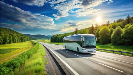 A coach bus driving on a wide, straight highway with lush greenery on both sides and a clear blue sky above , journey
