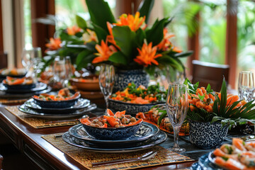 Table set with plates, glasses, and flowers.