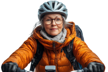 A senior woman confidently rides her bicycle, showcasing her love for outdoor adventures. Wearing a helmet and orange jacket, she embodies active living.