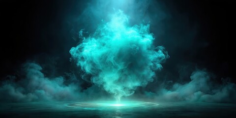 Ethereal, glowing turquoise mist rises from a dark, void-like space, suspended in mid-air, creating an otherworldly atmosphere