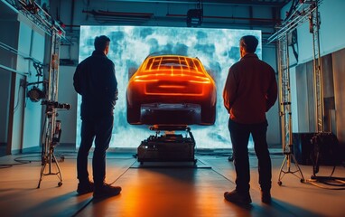 Obraz premium Two engineers Developers standing in design studio near futuristic holographic table and make a 3d car