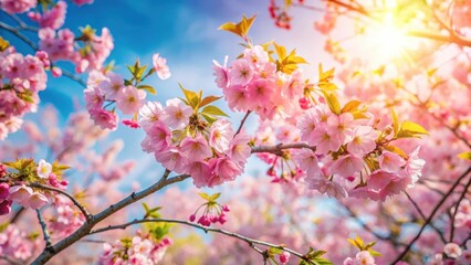 Fototapeta premium Vibrant cherry blossoms against a soft morning sky with gentle sunlight filtering through the branches and leaves, spring blossom, sunny