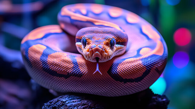 Intriguing Gaze: A captivating close-up of a mesmerizing ball python, its iridescent scales shimmering with a vibrant mix of orange, blue, and black.