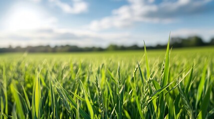 Fototapeta premium Lush Green Grass Field Under Bright Blue Sky with Fluffy Clouds : Generative AI