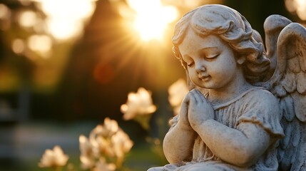 Fototapeta premium Beautiful angel statue with hands in prayer surrounded by soft sunlight and blooming flowers in a tranquil garden : Generative AI