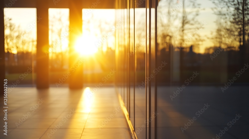 Aufkleber sunset reflection behind modern glass buildings creating a warm atmosphere : generative ai