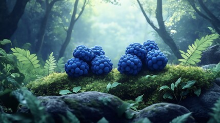 Mysterious Blue Berries Resting Softly on Moss in Misty Forest. AI Generated