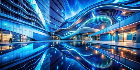 Fototapeta premium Abstract Blue Ocean Waves with Glittering Particles: Digital Architectural Art