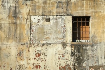 Photo of Beige wall of old abandoned industrial building. Detailed image