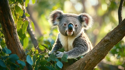 Fototapeta premium A scenic view of an Australian forest with a koala in the foreground.