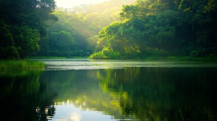 Obraz premium Serene Landscape with Green Forest Reflected in Calm Water : Generative AI