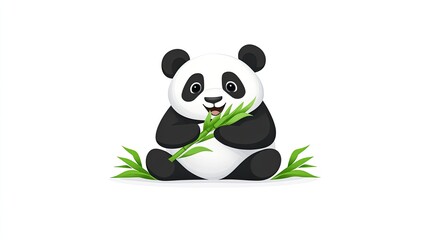 Fototapeta premium Cute cartoon panda happily eating bamboo in a minimalist white background setting