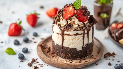 Decadent chocolate dessert with fresh strawberries and rich cream for a tempting treat : Generative AI