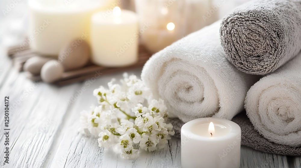 Poster spa setting with rolled towels white candles and delicate spring flowers for relaxation : generative