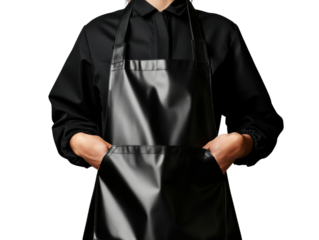 A person wearing a black apron with pockets, standing confidently against a white background, ready for culinary or craft activities.
