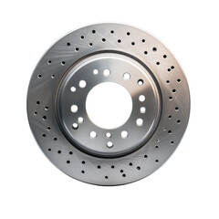 High-quality image of a circular metallic brake disc, showcasing intricate details and ventilation holes, isolated on a white background.