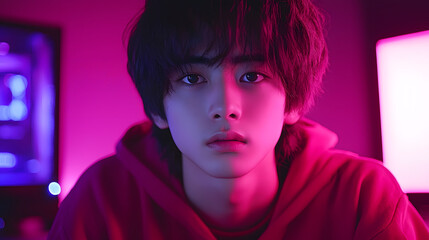 Cyberpunk Youth: Close-up portrait of a young man with dark hair, intense gaze, wearing a red hoodie, bathed in vibrant pink and blue neon lighting, evoking a futuristic, cyberpunk aesthetic. 
