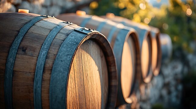 Golden sunlight warms aged oak wine barrels neatly arranged. AI Generated