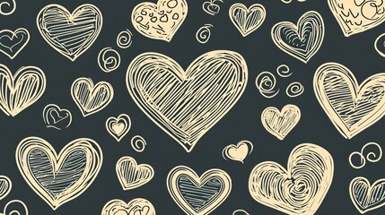 Hand-drawn hearts pattern, dark background, romantic design, ideal for Valentine's Day cards