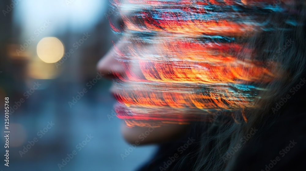 Poster abstract portrait blending lights and colors with a dreamy aesthetic showcasing a blurred facial pro