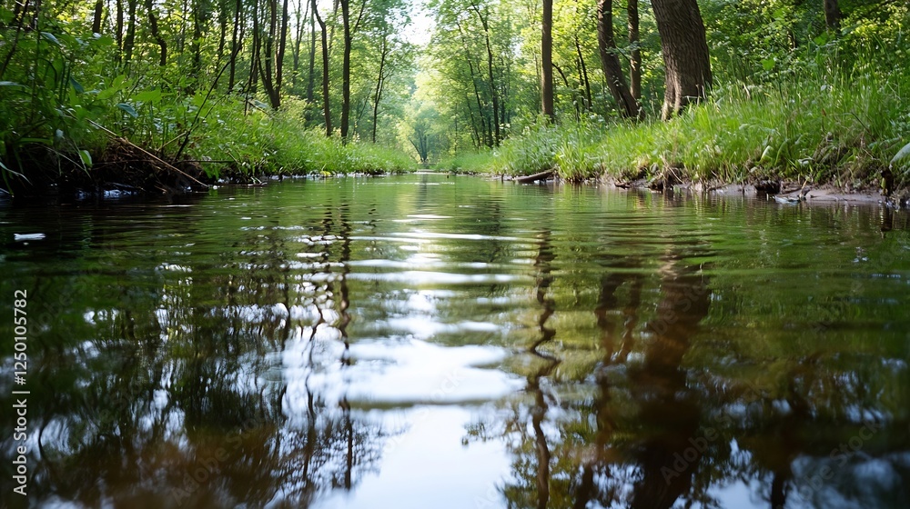 Poster Serene Forest Stream Reflecting Green Trees and Clear Sky in Calm Nature Setting : Generative AI