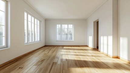 Fototapeta premium Bright and airy empty room with large windows letting in natural light showcasing minimalistic design : Generative AI