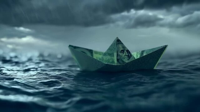 A paper boat made from a U.S. dollar bill floats in a rough sea under a stormy sky, symbolizing financial uncertainty.
