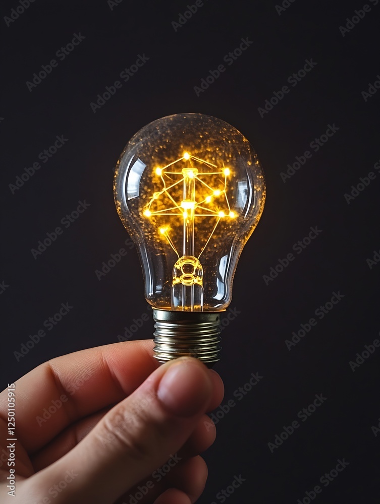 Aufkleber Creative Decorative Light Bulb with Illuminated Filament Captured in a Hand Against a Dark Background : Generative AI