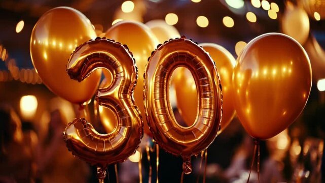 Golden Celebration: Festive '30' Number Balloons for a Milestone Birthday