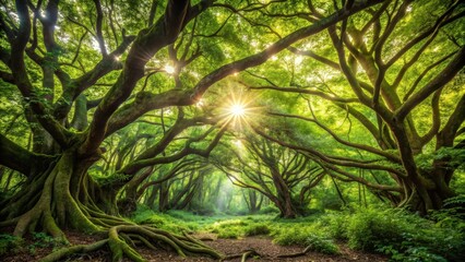 Dense foliage and twisted tree branches in an overgrown woodland setting with sunlight filtering through the canopy above, lush greenery, foliage