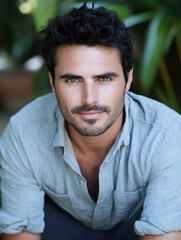 Fototapeta premium Portrait of a Handsome Man with Dark Hair and Charming Smile in Soft Lighting : Generative AI