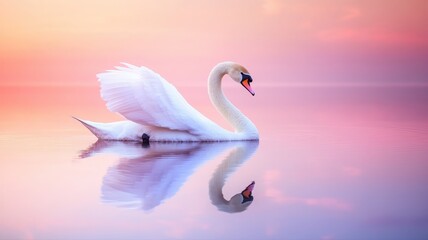 Fototapeta premium Graceful Swan Gliding on Tranquil Lake at Sunset with Soft Pastel Colors and Reflective Water Surface Creating a Serene and Peaceful Scene