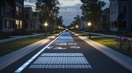 Obraz premium A bike lane highlighted by reflective markings and solar-powered streetlights in a quiet city neighborhood. Solar-Powered Cities. Illustration
