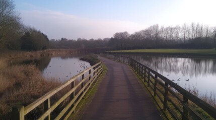 Naklejka premium Serene Lakeside Walkway: A Winter's Day