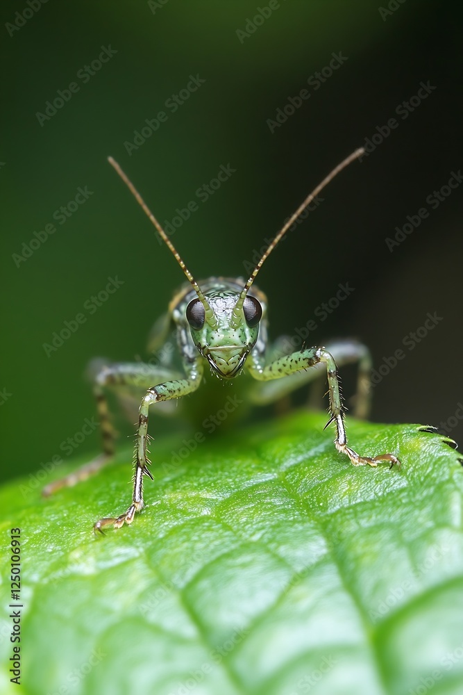 Poster macro shot of a green grasshopper on a leaf showcasing incredible details of insects : generative ai