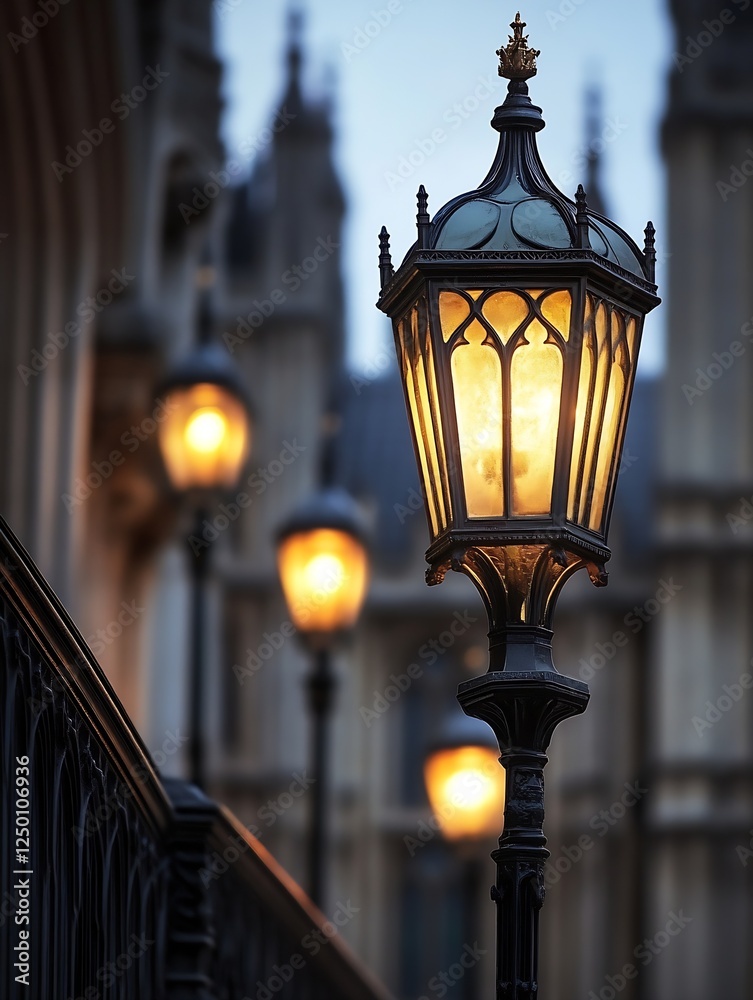 Aufkleber vintage street lamp glowing at twilight near historical architecture capturing a serene evening atmo