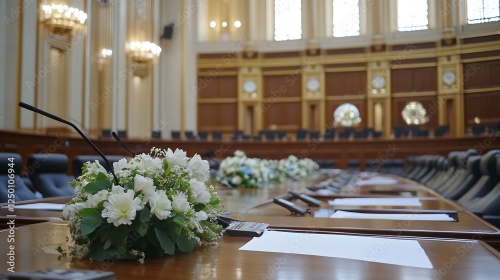 Poster elegant and professional conference room setup with flowers ready for important meeting : generative