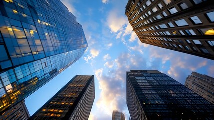 Naklejka premium Stunning View of Skyscrapers and Cloudy Sky from a Unique Perspective Looking Upwards : Generative AI