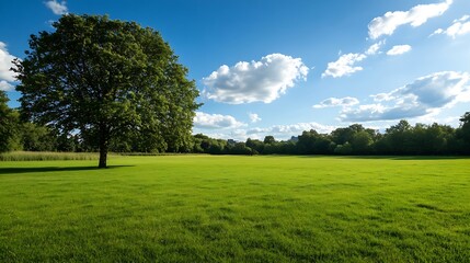 Obraz premium Picturesque Green Lawn Under Bright Blue Sky with Fluffy Clouds : Generative AI