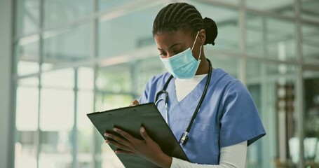 African woman, doctor and checklist in clinic for writing, data analysis and ppe face mask with thinking. Medic, nurse and clipboard for schedule, report or documents for medical history in hospital - Powered by Adobe