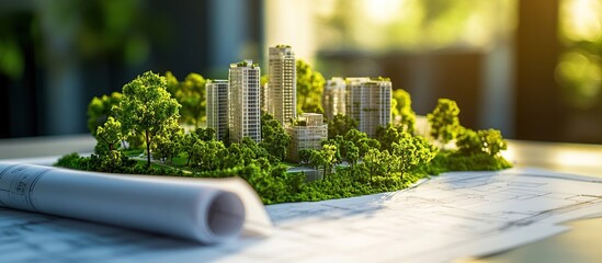 Sustainable Urban Design: Eco-Friendly City Model Shows Green Buildings and Parks Integrated with Architectural Plans for a Greener Tomorrow.