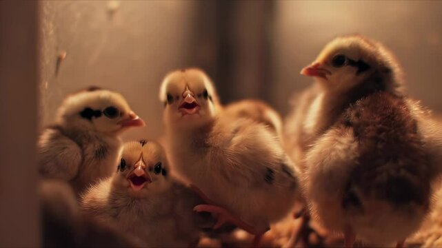 A group of fluffy baby chicks huddle together under soft warm lighting, symbolizing comfort, growth, and new beginnings.