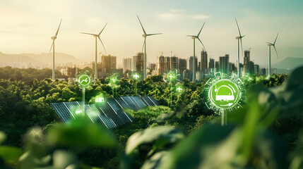 A depiction of a sustainable city using green icons and wind turbines. Solar-Powered Cities. Illustration
