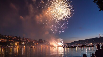 Dazzling Fireworks Over a Beautiful Lake at Night Celebrating a Special Occasion in Full Bloom : Generative AI