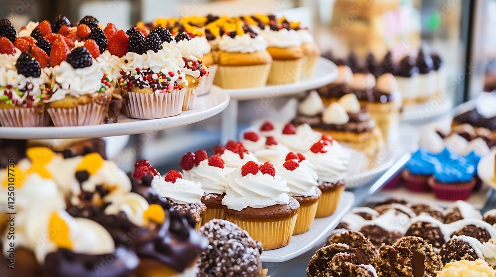 Poster delicious array of cupcakes with fresh fruits and cream toppings : generative ai