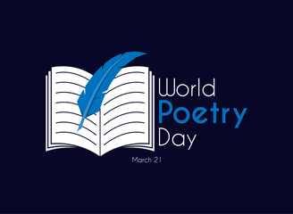 World poetry day. March 21. Book and feather pen icon. Poster or banner flat design vector illustration.