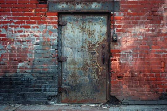 Red brick wall with old rustic weathered door in european city. Detailed photo textured background