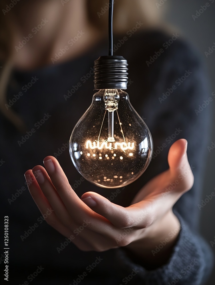 Aufkleber dynamic hand holding illuminated bulb with vintage filament against dark backdrop : generative ai