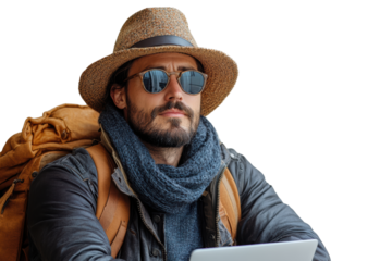 A stylish traveler with a backpack and laptop, wearing sunglasses and a hat, enjoys a moment of leisure outdoors, embracing the adventure of discovery.