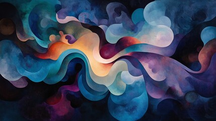Obraz premium Abstract swirling forms paint a dreamy nighttime scene with vibrant blues purples and oranges. AI Generated
